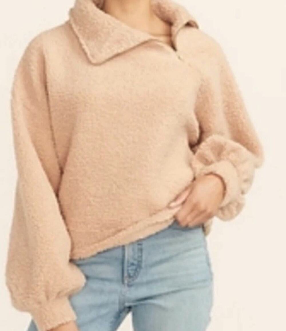 Express Teddy Sherpa Sweatshirt Crop 1/4 Zip Boxy Crop Pullover Tan NWT Size XL